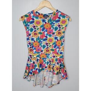 Gracia Sleeveless Peplum Floral Top Ruffled Blouse Open Back Multicolor MED